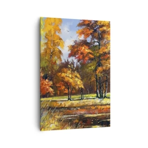Impression sur toile - Image sur toile - Paysage d'automne avec des arbres colorés et un étang - 70x100cm - Paysage en or et bronze - Décoration murale moderne pour le salon et la chambre ARTTOR