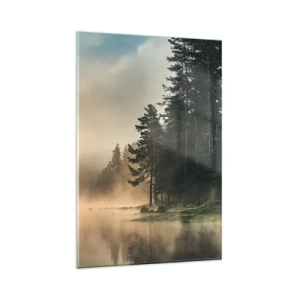 Impression sur verre - Image sur verre - Une forêt brumeuse sur un lac calme - 80x120cm - Naissance du jour - Décoration murale moderne pour le salon et la chambre ARTTOR