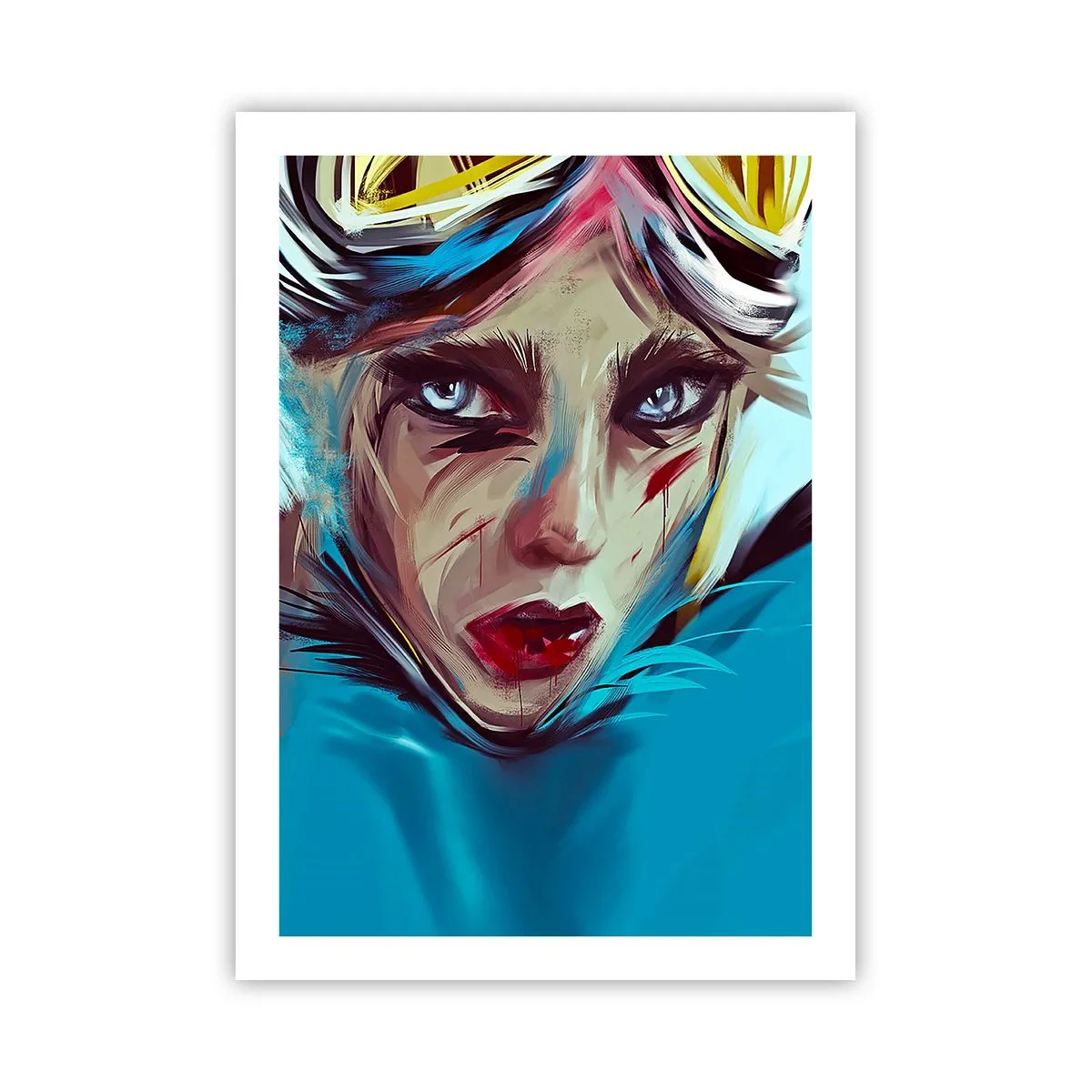 Affiche - Poster - Portrait d'une femme au regard intense et sur fond bleu - 50x70cm - Guerrière errante - Décoration murale moderne pour le salon et la chambre ARTTOR