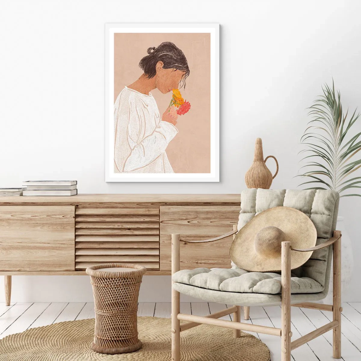 Affiche dans un cadre blanc - Poster - Fille et fleurs - 70x100 cm