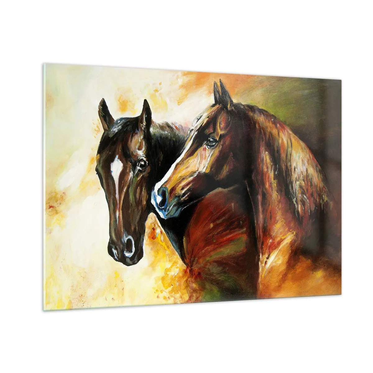 Impression sur verre - Image sur verre - Deux chevaux dans une composition artistique et dynamique - 100x70cm - Deux fois plus gracieux - Décoration murale moderne pour le salon et la chambre ARTTOR