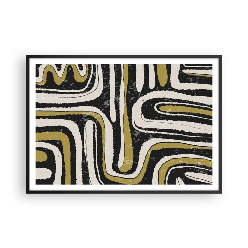 Affiche dans un cadre noir - Poster - Motif abstrait en noir, blanc et or - 100x70cm - Composition : routes et ruelles - Décoration murale moderne pour le salon et la chambre ARTTOR