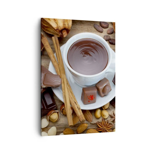Impression sur toile - Image sur toile - Une tasse de chocolat chaud entourée d'ingrédients de dessert - 50x70cm - D'une chocolaterie de conte de fées - Décoration murale moderne pour le salon et la chambre ARTTOR