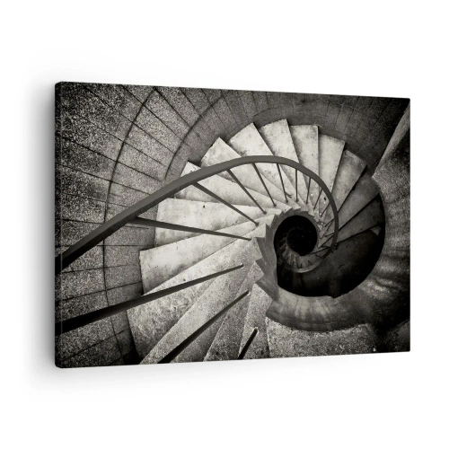 Impression sur toile - Image sur toile - Escalier en colimaçon noir et blanc de style moderne - 70x50cm - En haut des escaliers, en bas des escaliers - Décoration murale moderne pour le salon et la chambre ARTTOR