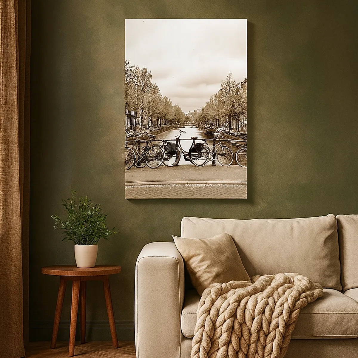 Impression sur toile - Image sur toile - Pont cyclable sur le canal en sépia - 50x70cm - Ambiance hollandaise - Décoration murale moderne pour le salon et la chambre ARTTOR
