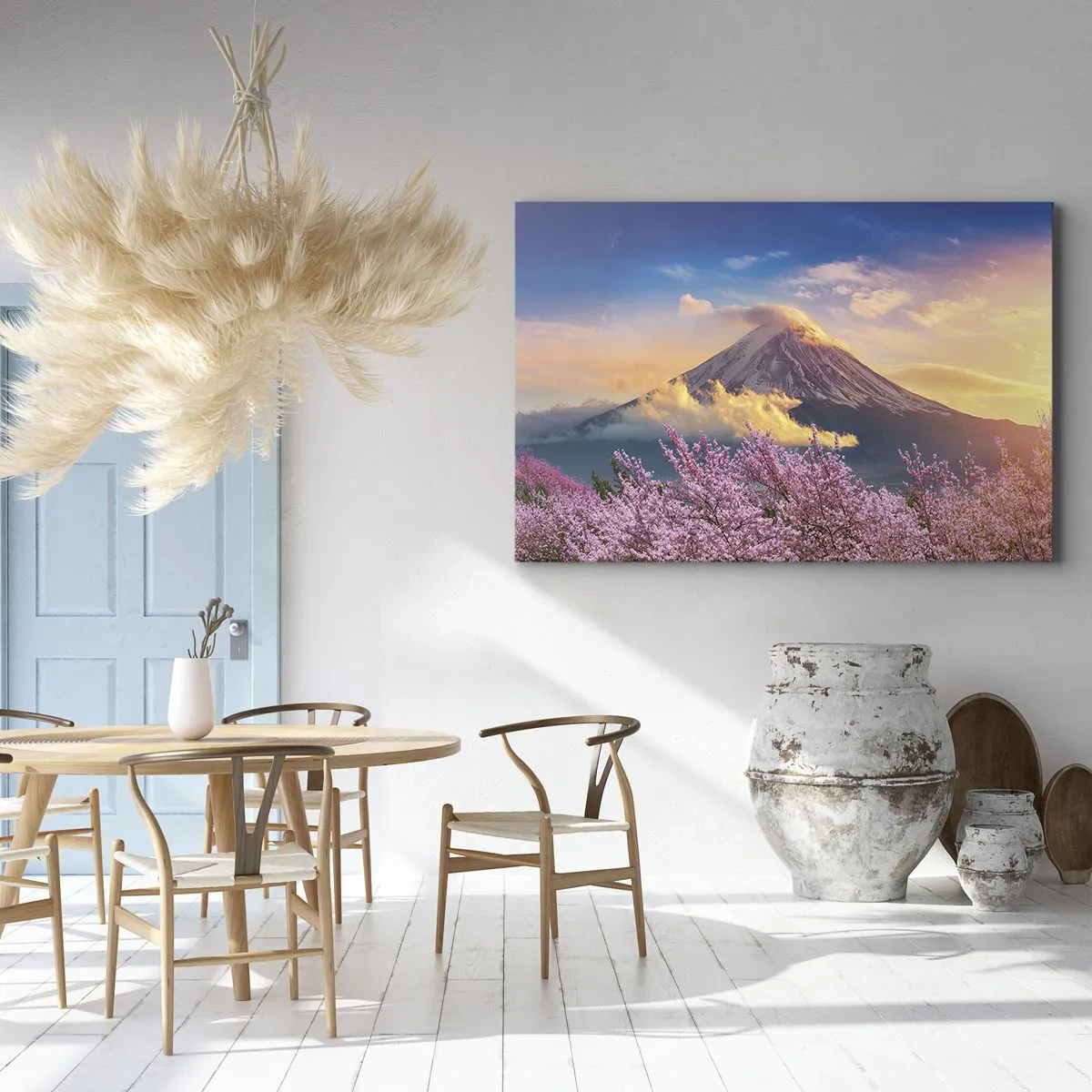 Impression sur toile - Image sur toile - Mont Fuji avec des cerisiers en fleurs en arrière-plan au coucher du soleil - 70x50cm - Sainteté japonaise - Décoration murale moderne pour le salon et la chambre ARTTOR