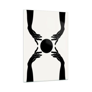 Impression sur verre - Image sur verre - Mains noires dans une composition symétrique avec une boule - 70x100cm - Signe secret - Décoration murale moderne pour le salon et la chambre ARTTOR