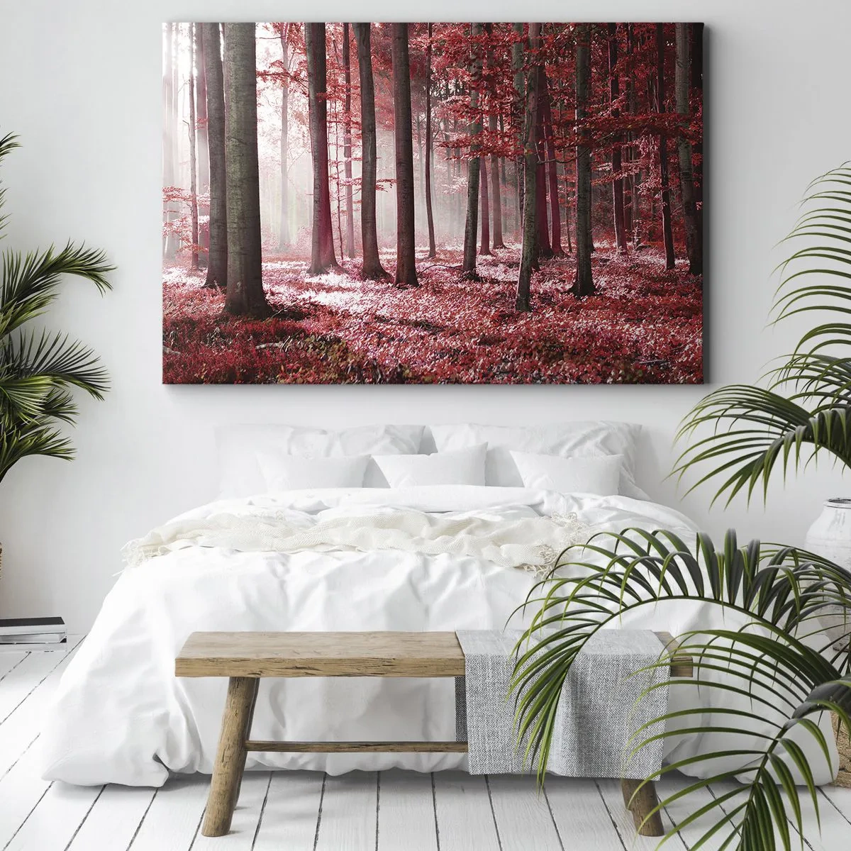 Impression sur toile - Image sur toile - Une forêt époustouflante aux teintes rouges avec des rayons de lumière pénétrant à travers les arbres - 100x70cm - Le rouge est tout aussi beau - Décoration murale moderne pour le salon et la chambre ARTTOR