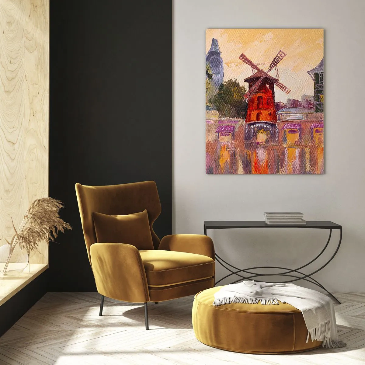 Impression sur verre - Image sur verre - Le moulin à vent rouge du Moulin Rouge parmi les immeubles parisiens - 50x70cm - Icones parisiennes – le Moulin rouge - Décoration murale moderne pour le salon et la chambre ARTTOR
