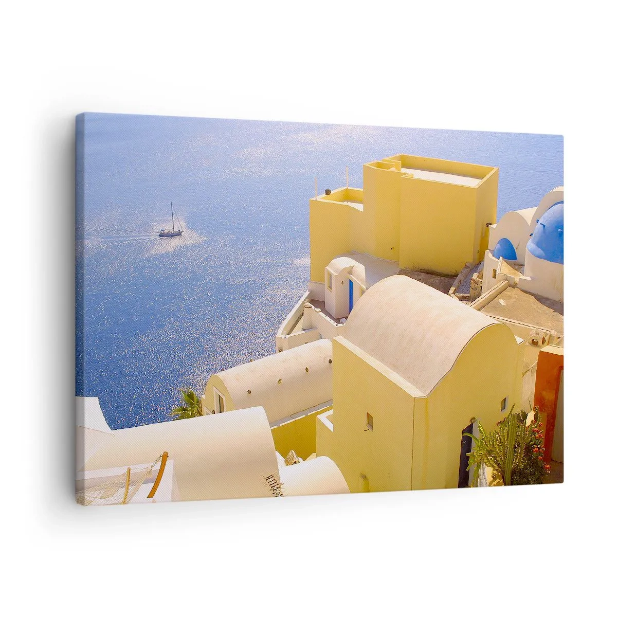 Impression sur toile - Image sur toile - Architecture grecque avec vue sur la mer et un bateau en arrière-plan - 70x50cm - Paysage grec en blanc et bleu ciel - Décoration murale moderne pour le salon et la chambre ARTTOR
