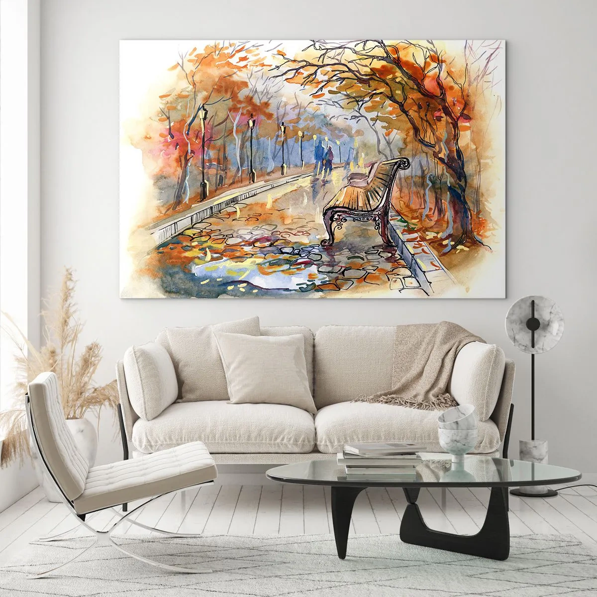 Impression sur verre - Image sur verre - Une allée d'automne avec un banc dans un style aquarelle artistique - 70x50cm - Errer ensemble à l'automne - Décoration murale moderne pour le salon et la chambre ARTTOR