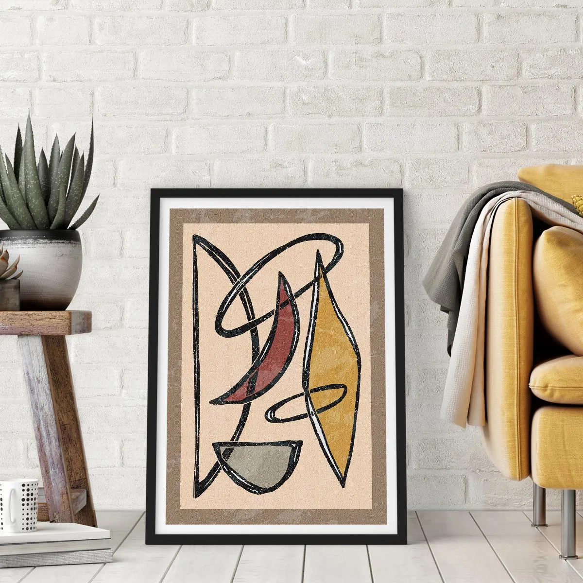 Affiche dans un cadre noir - Poster - Composition géométrique abstraite dans les tons beige et noir - 50x70cm - Composition – arcs et ovales - Décoration murale moderne pour le salon et la chambre ARTTOR