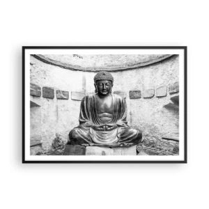 Affiche dans un cadre noir - Poster - Statue de Bouddha noir et blanc dans une pose méditative - 100x70cm - A la source de la paix - Décoration murale moderne pour le salon et la chambre ARTTOR