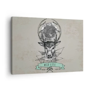Impression sur toile - Image sur toile - Géométrie de cerf de style vintage avec lettrage Wild Life - 70x50cm - Voir St. Hubertus - Décoration murale moderne pour le salon et la chambre ARTTOR