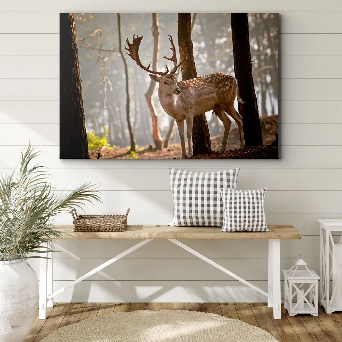 Impression sur toile - Image sur toile - Cerf dans la forêt dans le brouillard du matin - 100x70cm - La lumière de la jeunesse - Décoration murale moderne pour le salon et la chambre ARTTOR