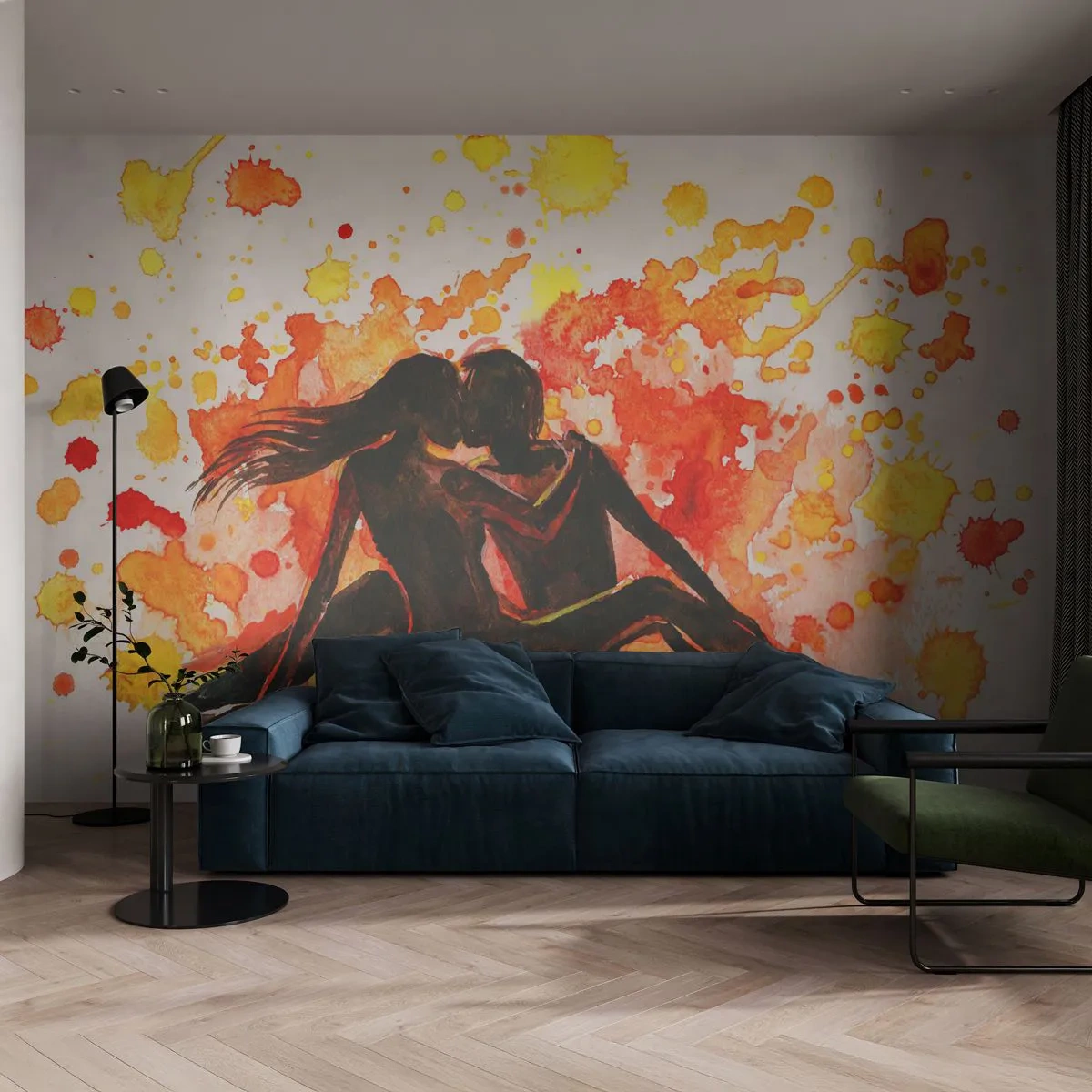Papier Peint Photo Standard Eco - Silhouettes d'un couple amoureux dans une explosion de couleurs à l'aquarelle - 100x70cm - Et la lumière fut - Décoration murale moderne pour le salon et la chambre ARTTOR