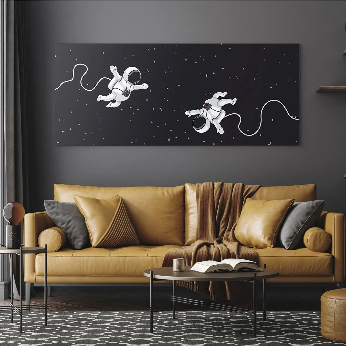 Impression sur verre - Image sur verre - Des astronautes flottant dans l'espace sur fond d'étoiles - 160x50cm - Sortie cosmique - Décoration murale moderne pour le salon et la chambre ARTTOR