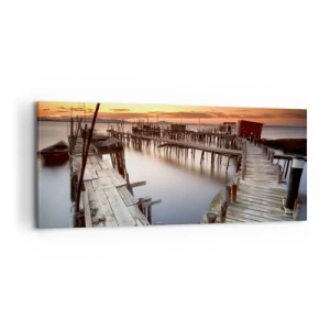 Impression sur toile - Image sur toile - Jetées en bois sur une eau calme au coucher du soleil - 120x50cm - Authentique, pas un attrape touristique - Décoration murale moderne pour le salon et la chambre ARTTOR