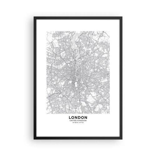 Affiche dans un cadre noir - Poster - Carte de Londres en noir et blanc avec des détails précis des rues - 50x70cm - Carte du labyrinthe londonien - Décoration murale moderne pour le salon et la chambre ARTTOR
