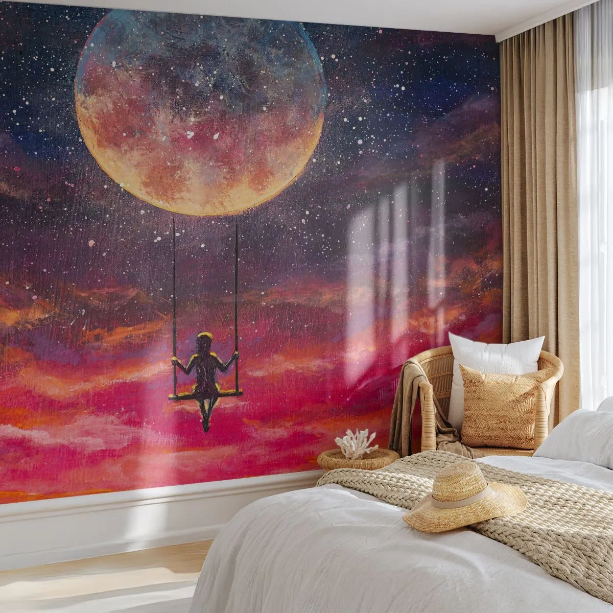 Papier Peint Photo Premium Sand - Se balancer dans les nuages - Abstraction, Fantaisie, Lune - 250x175 cm
