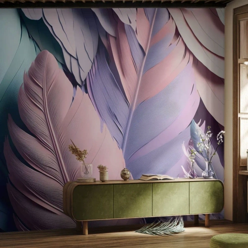 Papier Peint Photo Premium Sand - Plumes colorées dans des tons pastel - 100x70cm - Oiseau chic - Décoration murale moderne pour le salon et la chambre ARTTOR