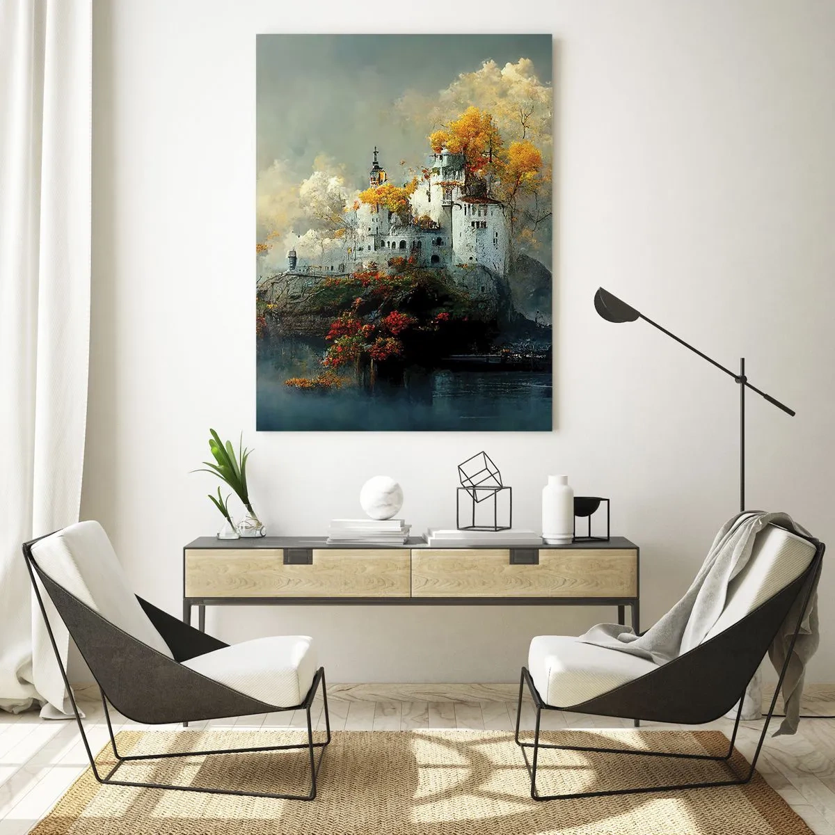 Impression sur verre - Image sur verre - Un château sur une colline entouré d'arbres d'automne - 70x100cm - Le début d'une histoire romantique - Décoration murale moderne pour le salon et la chambre ARTTOR