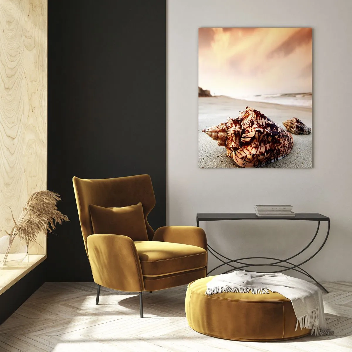 Impression sur verre - Image sur verre - Coquillages sur la plage au coucher du soleil - 80x120cm - Les parias des vagues - Décoration murale moderne pour le salon et la chambre ARTTOR