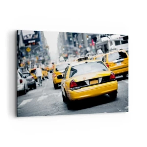 Impression sur toile - Image sur toile - Des taxis jaunes dans une rue animée du centre-ville de la métropole - 120x80cm - Seulement dans cette ville - Décoration murale moderne pour le salon et la chambre ARTTOR