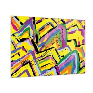 Impression sur verre - Image sur verre - Abstraction intense aux couleurs vives sur fond jaune - 100x70cm - Jusqu'à ce qu'il crie de joie - Décoration murale moderne pour le salon et la chambre ARTTOR