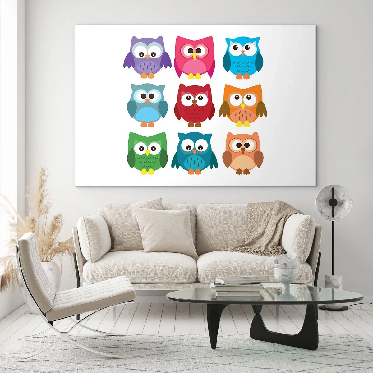 Impression sur verre - Image sur verre - Hiboux colorés dans un style dessin animé sur fond blanc - 70x50cm - C'est amusant d'être différent - Décoration murale moderne pour le salon et la chambre ARTTOR