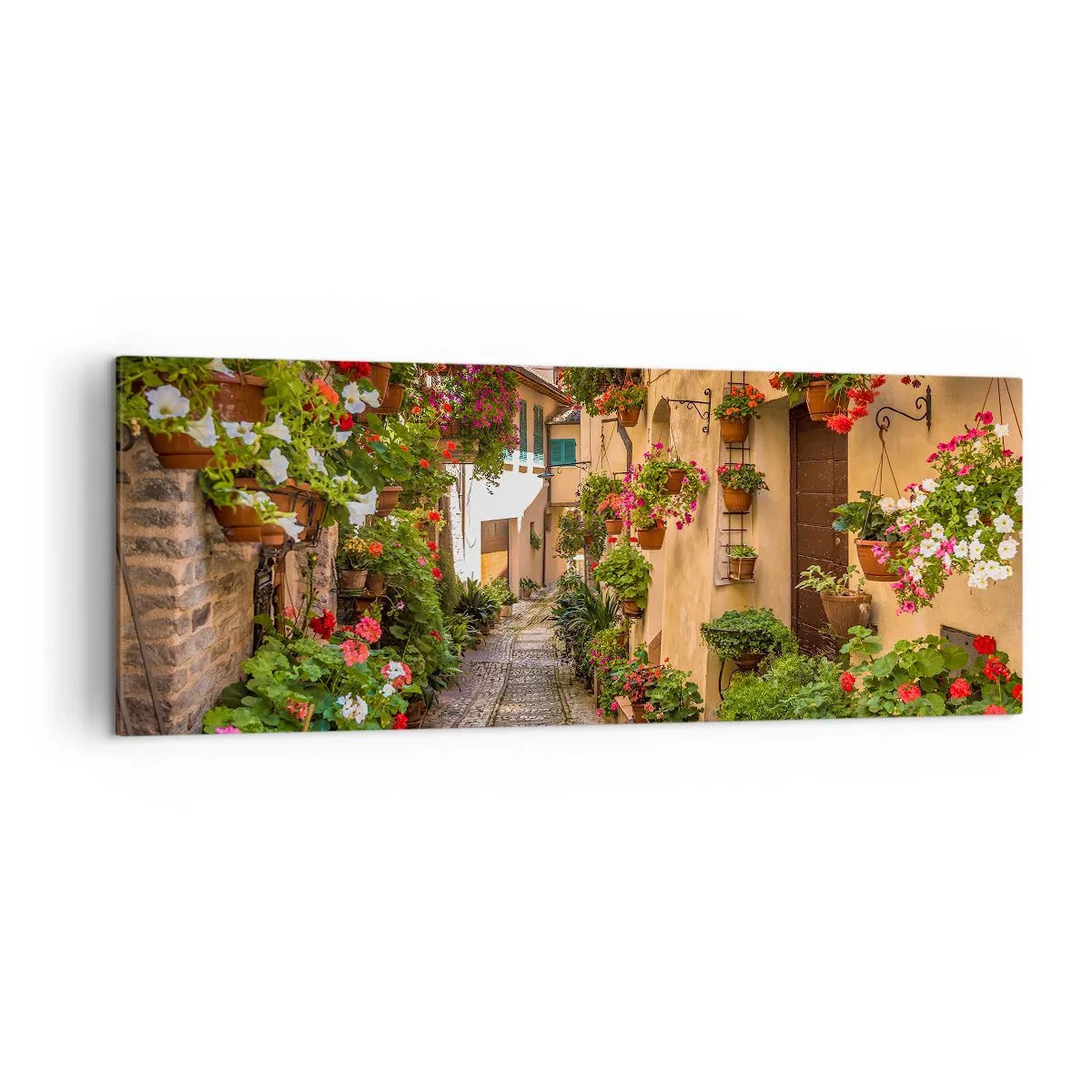 Impression sur toile - Image sur toile - Une charmante rue pleine de fleurs et de pots de fleurs - 140x50cm - Ruelle italienne - Décoration murale moderne pour le salon et la chambre ARTTOR