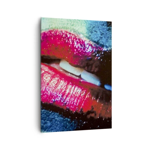 Impression sur toile - Image sur toile - Gros plan de lèvres colorées et brillantes sur un fond artistique - 70x100cm - Sensuel et dérangeant - Décoration murale moderne pour le salon et la chambre ARTTOR
