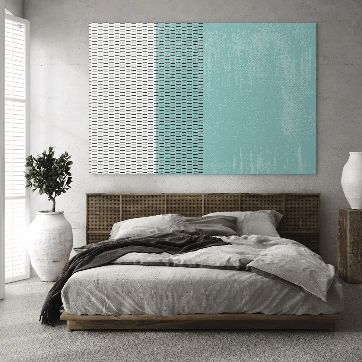 Impression sur verre - Image sur verre - Abstraction moderne aux couleurs turquoise et blanches - 70x50cm - Composition équilibrée - Décoration murale moderne pour le salon et la chambre ARTTOR