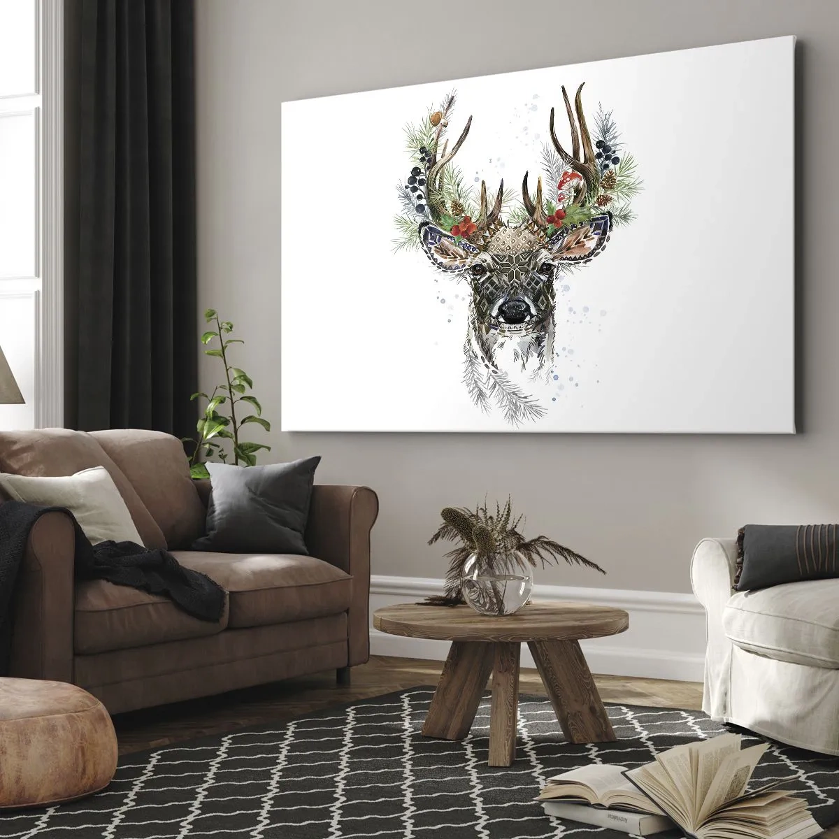 Impression sur toile - Image sur toile - Cerf stylisé avec des bois décoratifs sur fond blanc - 120x80cm - En robe de fête - Décoration murale moderne pour le salon et la chambre ARTTOR