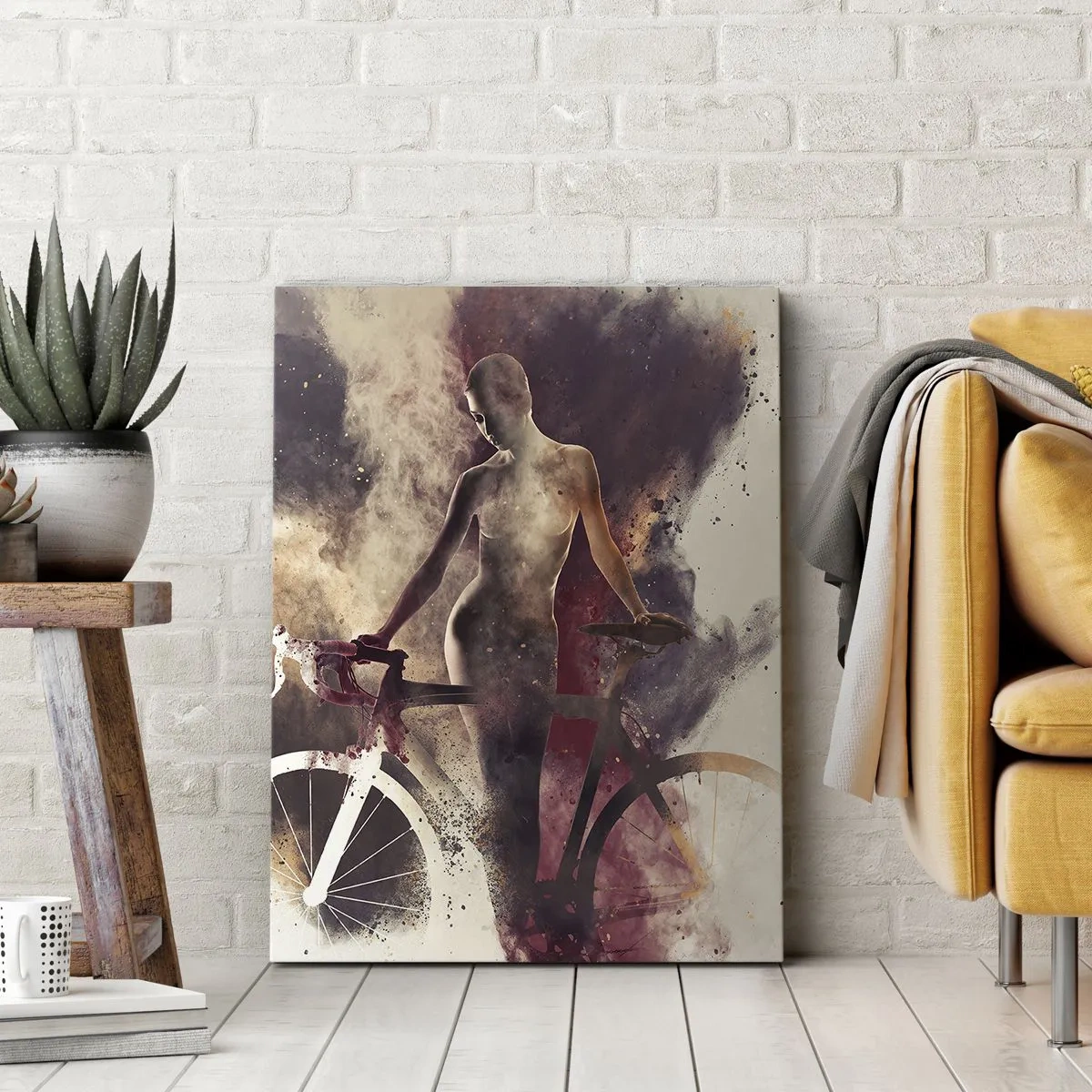 Impression sur toile - Image sur toile - Silhouette abstraite avec un vélo dans un style artistique - 50x70cm - Une âme de vélo aux formes marbrées - Décoration murale moderne pour le salon et la chambre ARTTOR