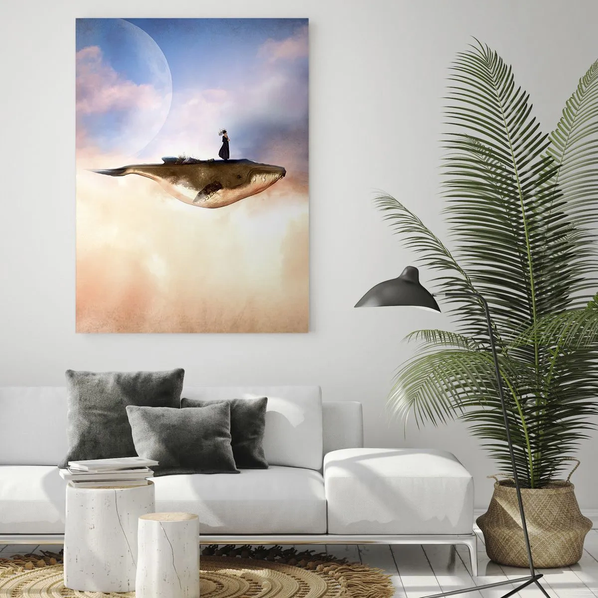 Impression sur verre - Image sur verre - Une scène fantastique d'une femme sur une baleine parmi les nuages - 70x100cm - Voyage irréel - Décoration murale moderne pour le salon et la chambre ARTTOR