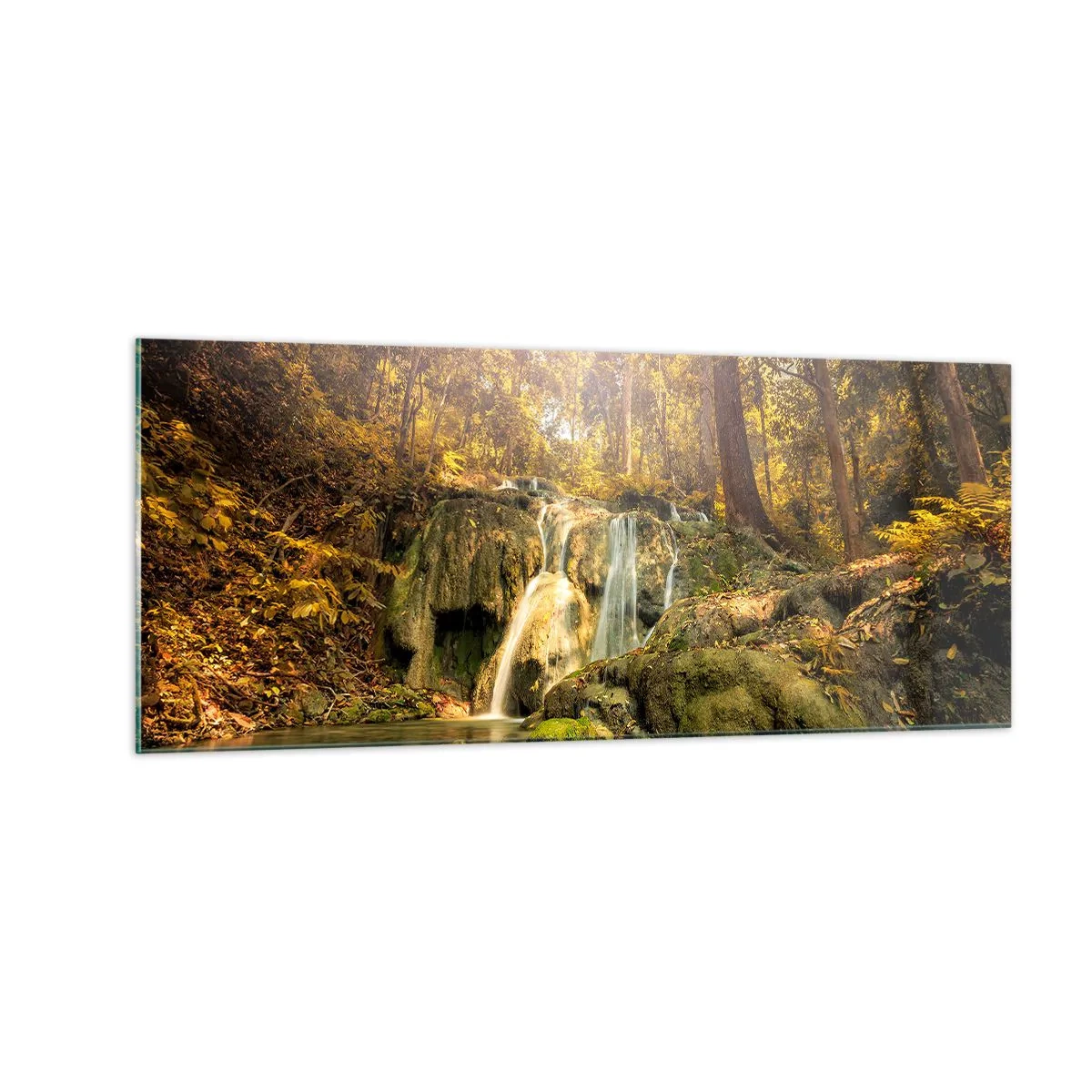 Impression sur verre - Image sur verre - Cascade de forêt en vert - 100x40 cm