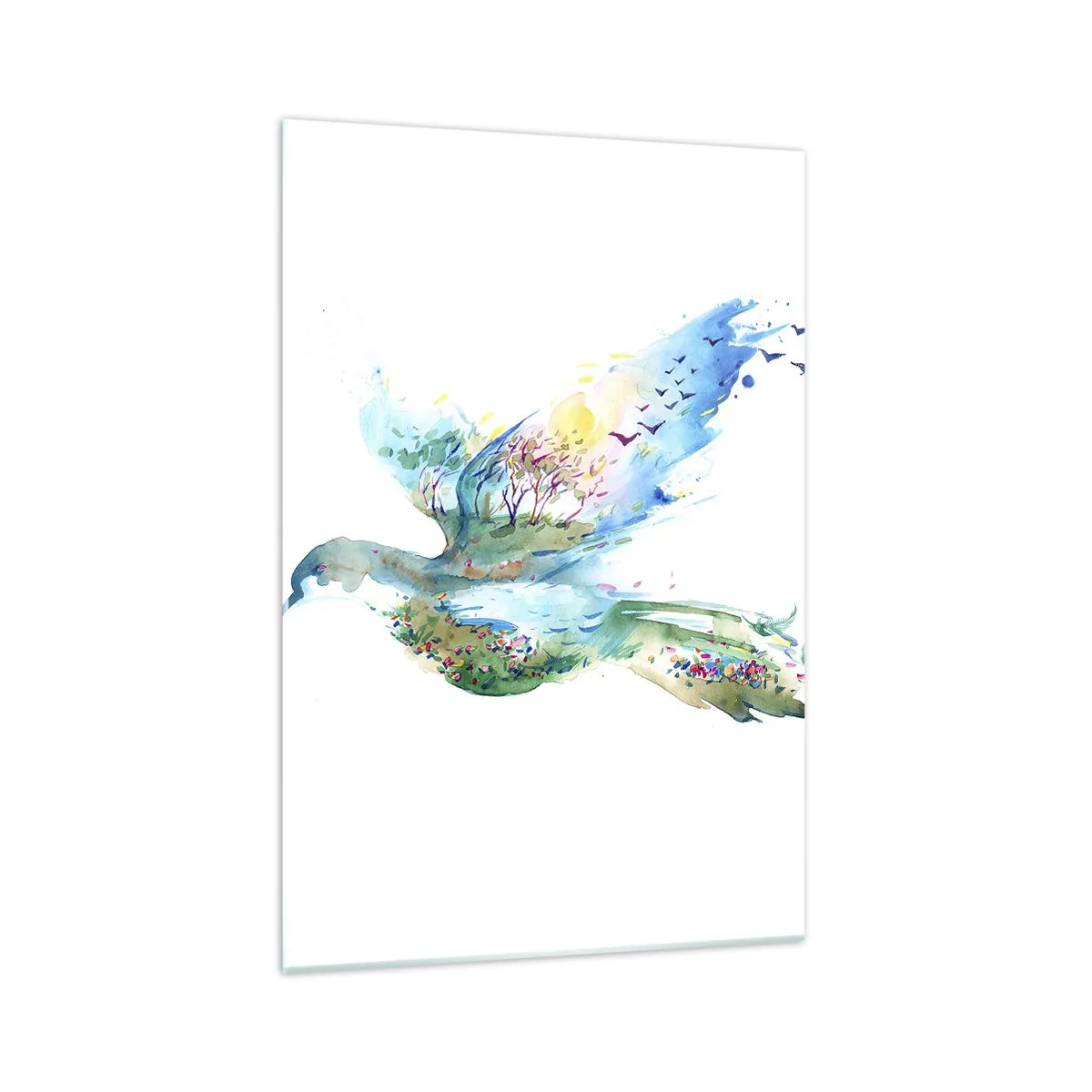 Impression sur verre - Image sur verre - Composition à l'aquarelle d'un oiseau avec des éléments de la nature - 70x100cm - Sur les ailes de la nature - Décoration murale moderne pour le salon et la chambre ARTTOR