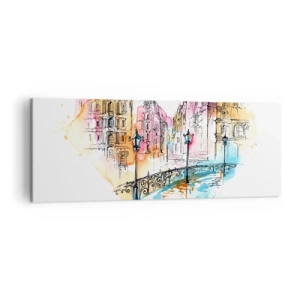 Impression sur toile - Image sur toile - Aquarelle d'un pont et de maisons en forme de cœur - 140x50cm - Le coeur de la ville - Décoration murale moderne pour le salon et la chambre ARTTOR