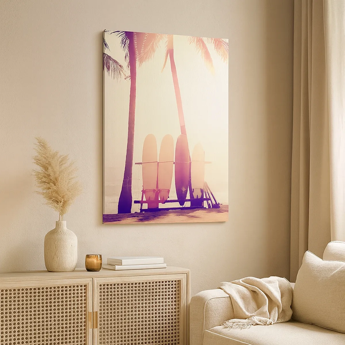 Impression sur toile - Image sur toile - Palmiers et planches de surf sur la plage au soleil - 50x70cm - Ca va être une journée magnifique - Décoration murale moderne pour le salon et la chambre ARTTOR