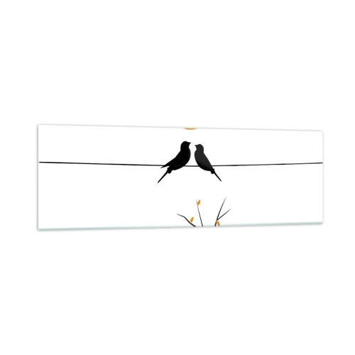 Impression sur verre - Image sur verre - Oiseaux sur une ligne avec un soleil jaune - 160x50cm - Soirée pour rossignols - Décoration murale moderne pour le salon et la chambre ARTTOR