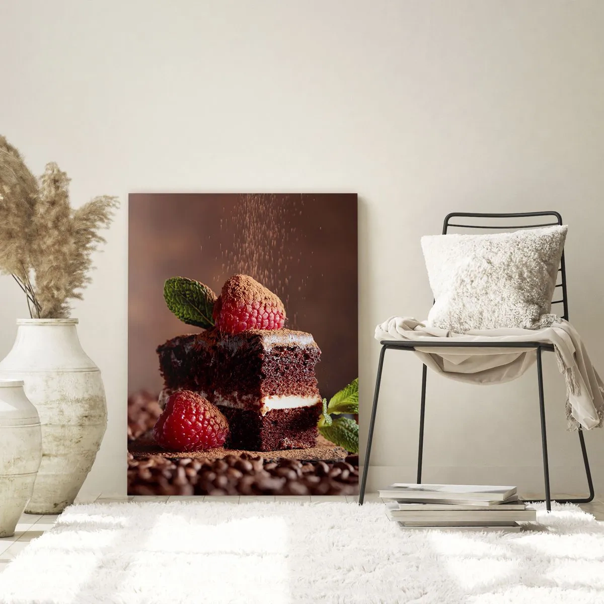 Impression sur verre - Image sur verre - Gâteau au chocolat aux framboises et à la menthe sur fond de fèves de cacao - 70x100cm - La vie est douce - Décoration murale moderne pour le salon et la chambre ARTTOR