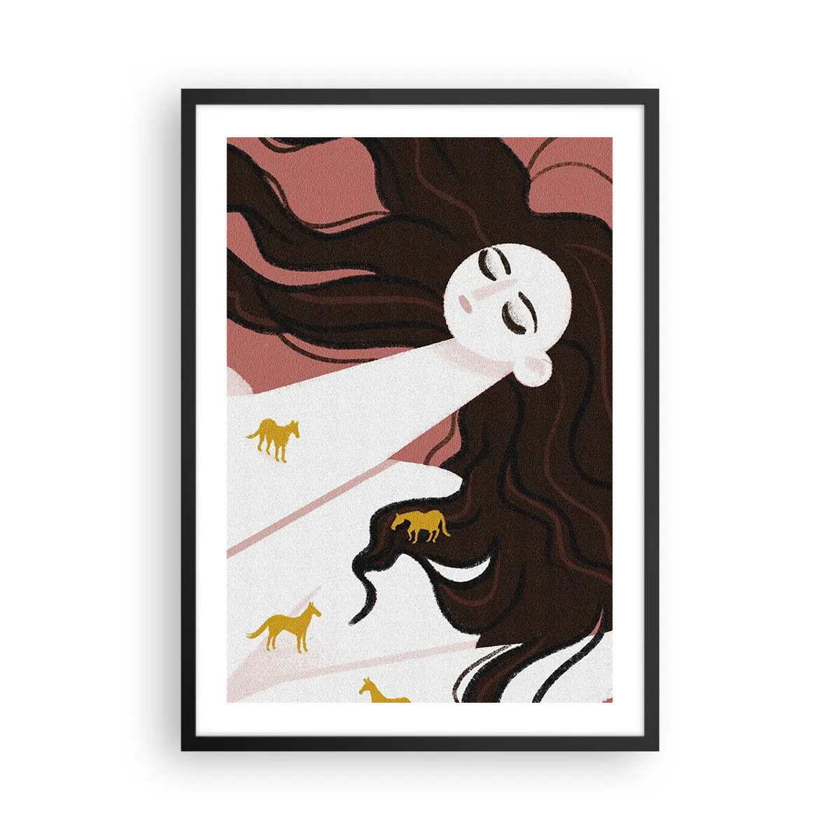 Affiche dans un cadre noir - Poster - Une femme rêveuse aux cheveux longs et aux chevaux dorés - 50x70cm - Rêve d'un cheval d'or - Décoration murale moderne pour le salon et la chambre ARTTOR