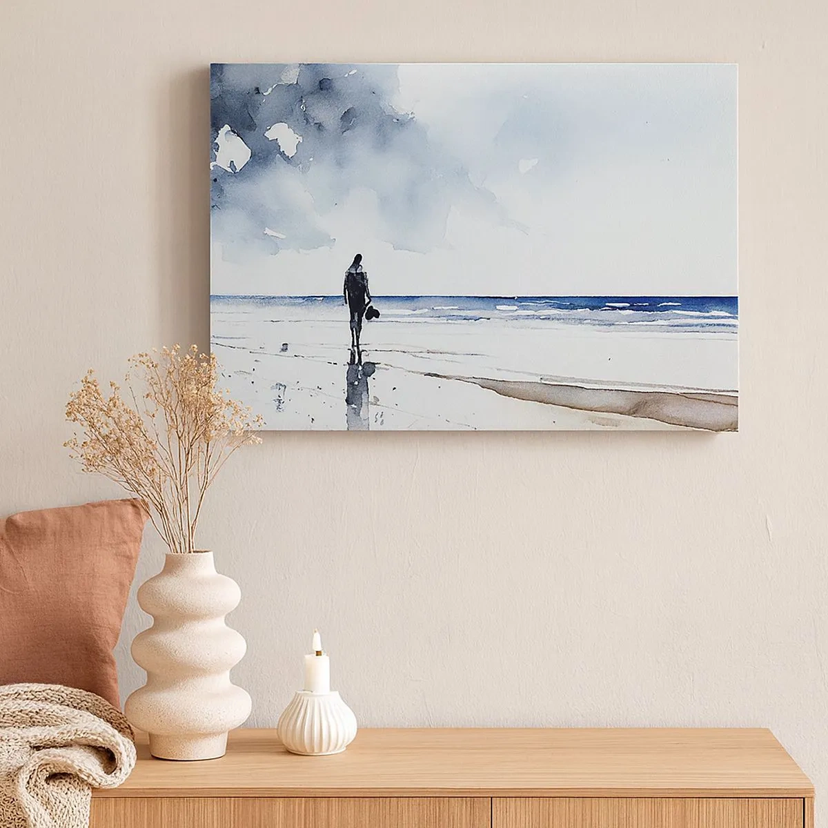 Impression sur toile - Image sur toile - Une silhouette sur une plage dans un environnement marin calme - 70x50cm - Conversation avec la mer - Décoration murale moderne pour le salon et la chambre ARTTOR