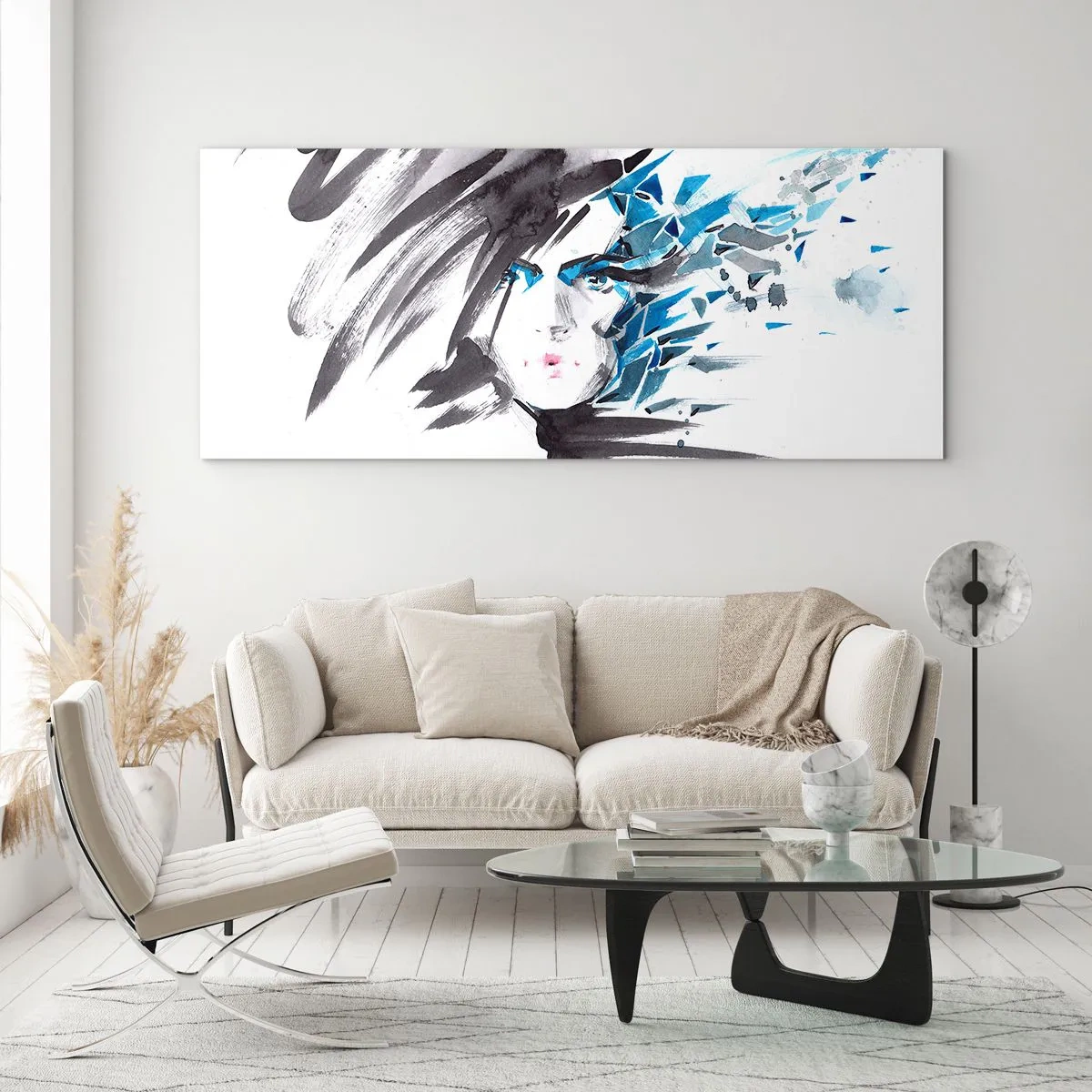 Impression sur verre - Image sur verre - Peinture faciale artistique à l'aquarelle avec des accents bleus - 140x50cm - Portrait sensuel en gris et bleu - Décoration murale moderne pour le salon et la chambre ARTTOR
