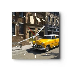 Horloge murale - Pendule murale - Un taxi jaune dans une rue bordée d'immeubles - 30x30cm - Il y a longtemps en Amérique - Décoration murale moderne pour le salon et la chambre ARTTOR