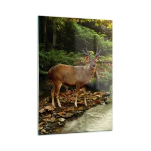 Impression sur verre - Image sur verre - Un cerf près d'un ruisseau dans une forêt ensoleillée - 50x70cm - Bienvenue dans mon monde - Décoration murale moderne pour le salon et la chambre ARTTOR