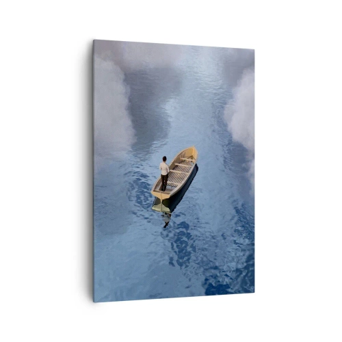 Impression sur toile - Image sur toile - Un homme dans un bateau sur une mer calme entourée de nuages - 70x100cm - Vie – voyage – inconnu - Décoration murale moderne pour le salon et la chambre ARTTOR
