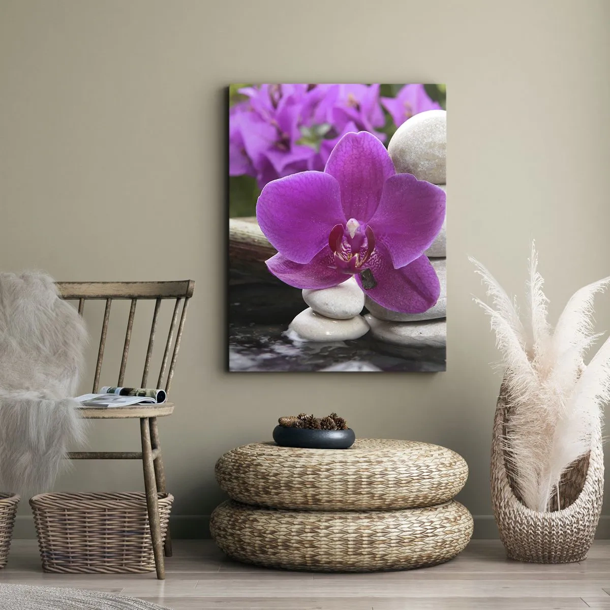 Impression sur toile - Image sur toile - Orchidée violette, pierres et bambou avec de l'eau dans un cadre relaxant - 50x70cm - Tu te reposes déjà - Décoration murale moderne pour le salon et la chambre ARTTOR