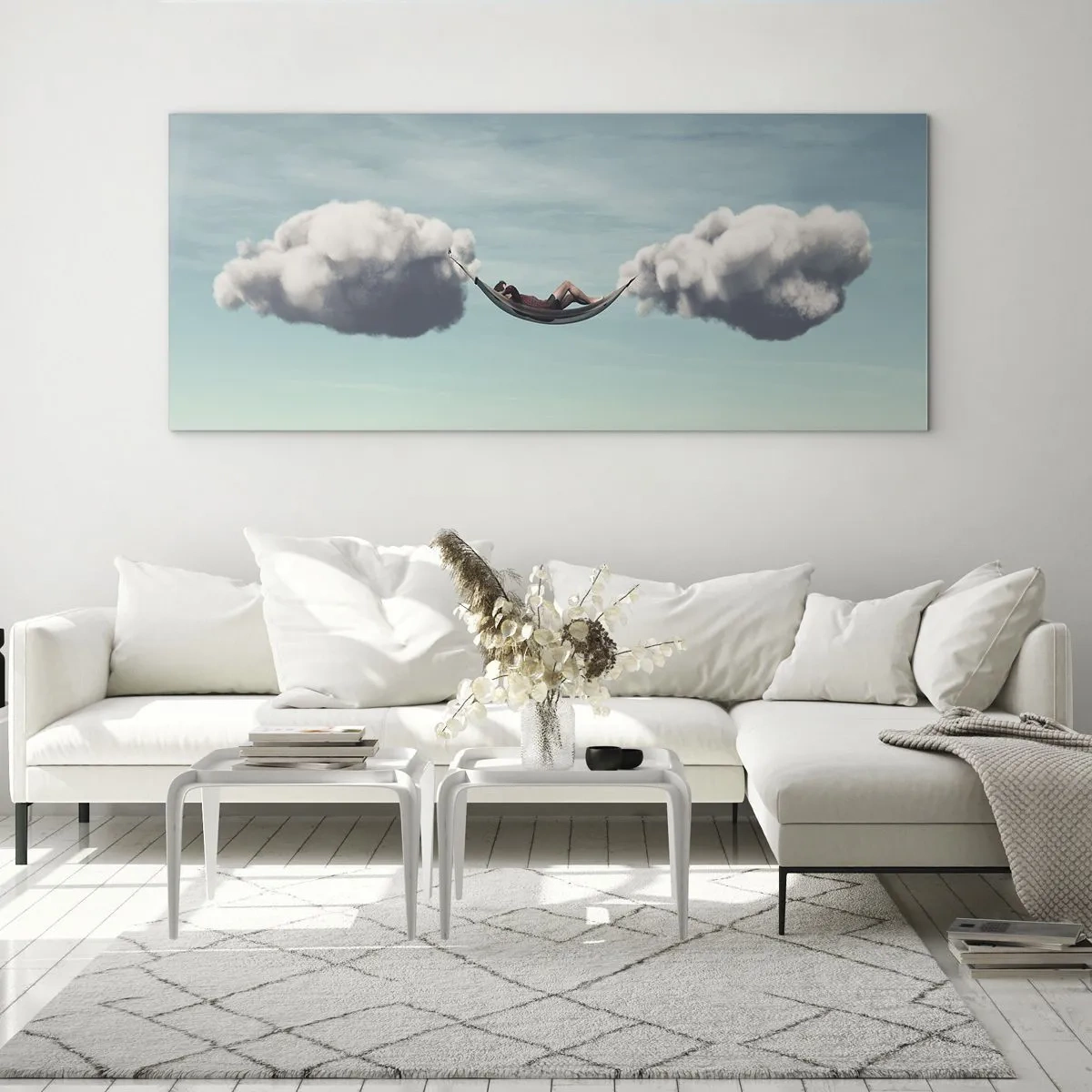 Impression sur verre - Image sur verre - Une personne se détendant dans un hamac suspendu dans les nuages - 140x50cm - Instant de bonheur - Décoration murale moderne pour le salon et la chambre ARTTOR